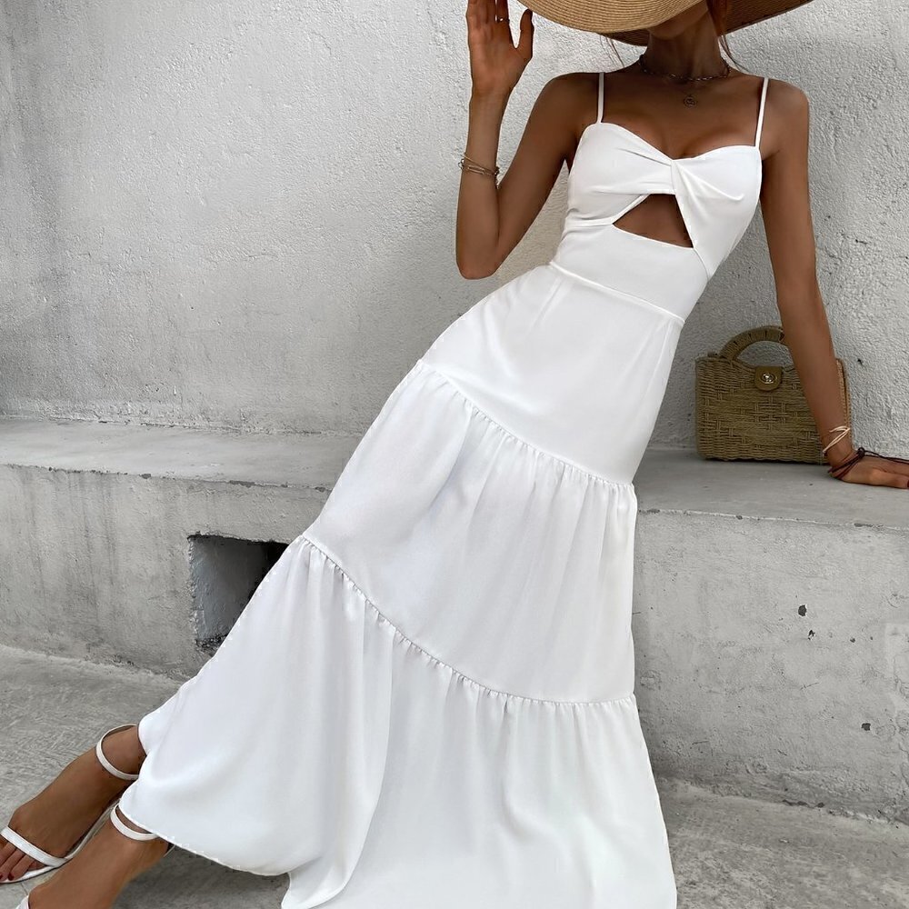 White Boho Womens Twist Front Cut Out Ruffle Hem Maxi Cami Dress - Picture 4 of 5